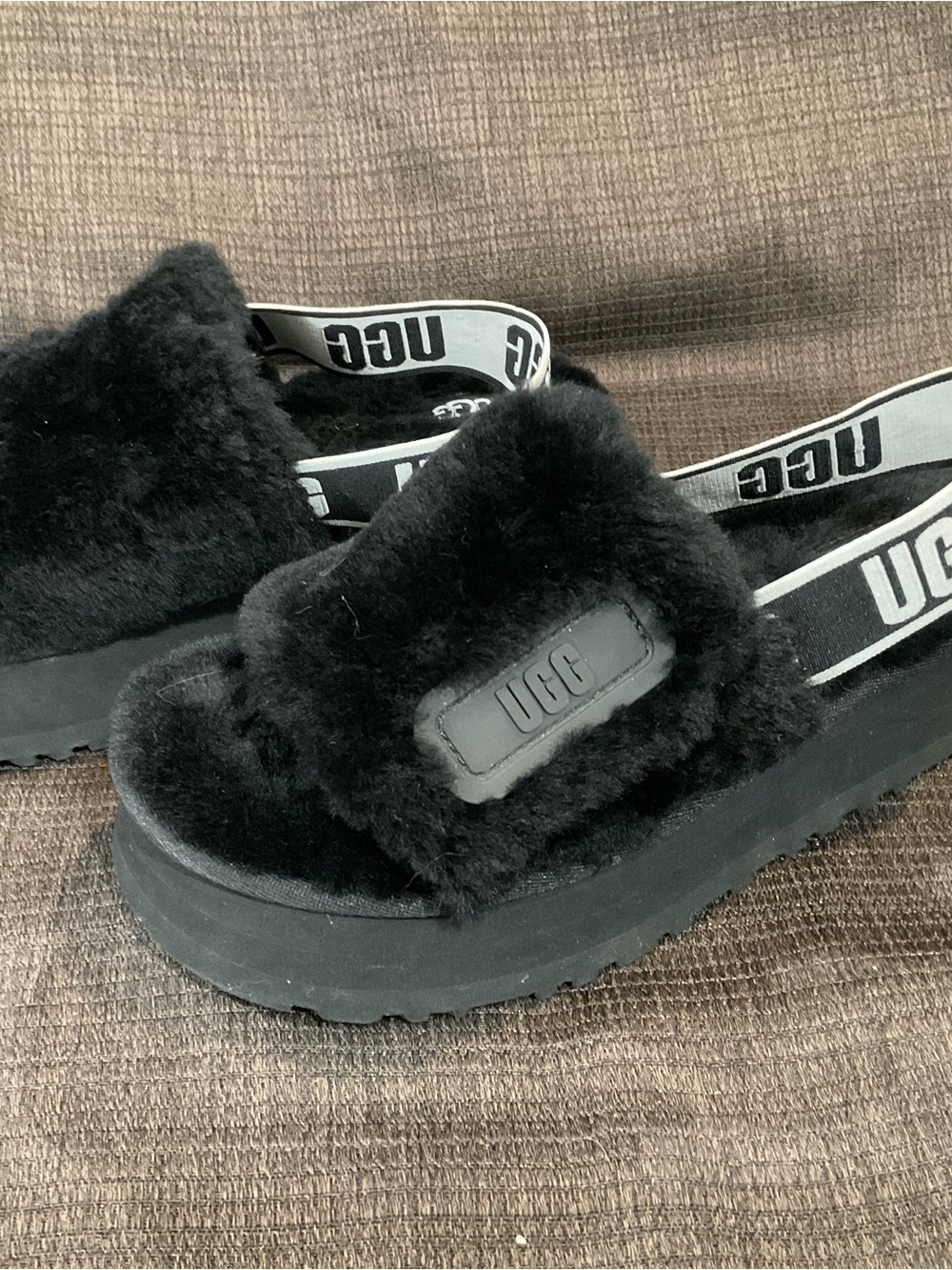 UGG Kids Black Fluff Slide with Logo Heel Strap